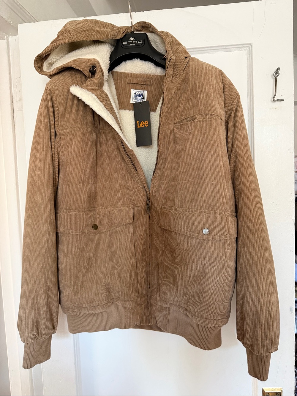 Lee Men's Hooded Corduroy Puffer Jacket in Brown